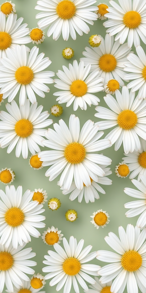Create an aesthetic floral pattern with white daisies featuring yellow centers on a soft green background, using a Canon EOS R5 with a 50mm f/1.2 lens, ISO 100, aperture f/2.8, and a shallow depth of field for enhanced image quality and detail.