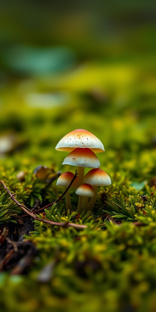 Regenerate a close-up image of delicate mushrooms growing on a mossy forest floor, using a DSLR camera with a macro lens, aperture f/2.8, shutter speed 1/125s, ISO 200, soft natural lighting, and a shallow depth of field for a blurred background.