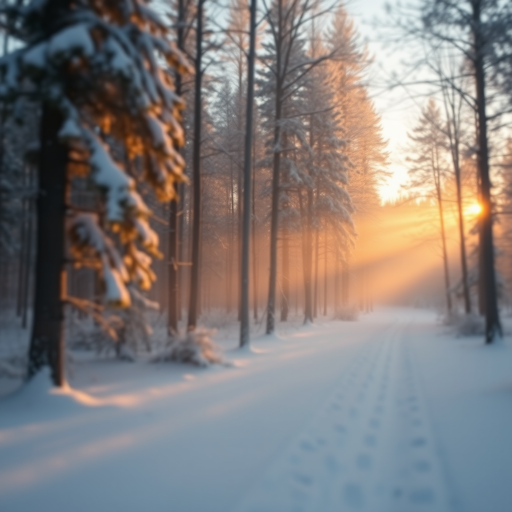 capture a serene winter forest landscape with mist rolling over snow-covered trees using a Canon EOS 5D Mark IV, 50mm lens, aperture f/8, ISO 100, shutter speed 1/200s, golden hour soft light, shallow depth of field for atmospheric effect
