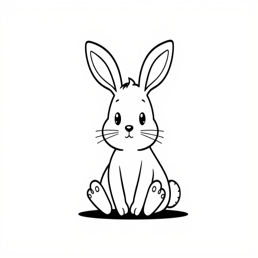 Create a cute cartoon bunny with a round body and small ears sitting down its face should have a simple expression with small eyes and a tiny mouth the outline should be bold and black on a white background