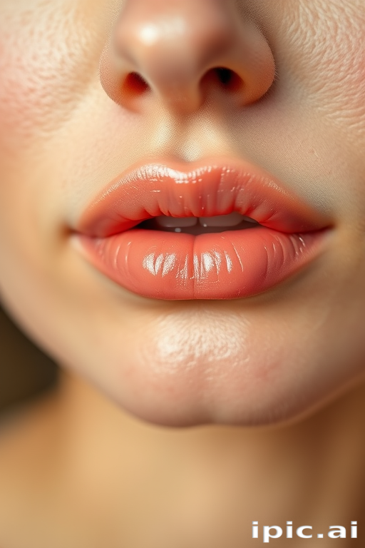 Romantic woman lips with a soft peach tinted lip balm, dewy and fresh, subtly enhancing natural lip color, embodying youthful radiance