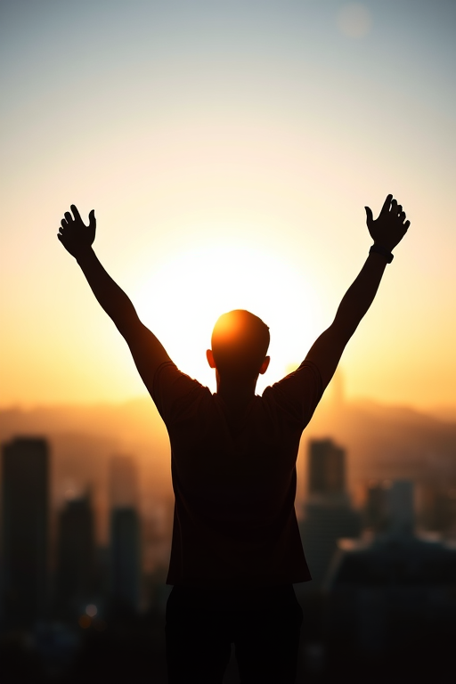 Create an image of a silhouette of a person with arms raised in triumph, city skyline in the background, sunset lighting, 50mm lens, f/1.8 aperture, ISO 200, shot from a low angle to enhance the feeling of empowerment, using a DSLR camera for high image quality.
