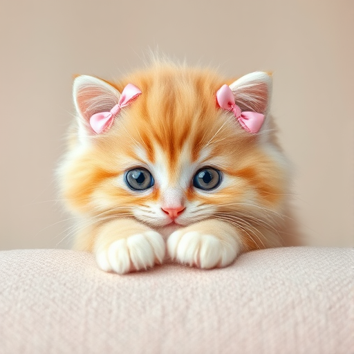 Create an image of a fluffy light orange and white kitten with big eyes resting its paws on a textured surface. The kitten should have cute pink bows on its head, adding a playful and adorable touch to the scene. The background should be soft and neutral, emphasizing the kitten's features.