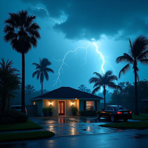 Hurricane Milton blows a roof off a home. Strong winds and rain blows sideways. Palm trees uprooted and bent over. Cars flying through the sky with debris. Sky is dark with thunder storms. Lightning strikes are fluorescent blue. Add text Hurricane Milton 2024