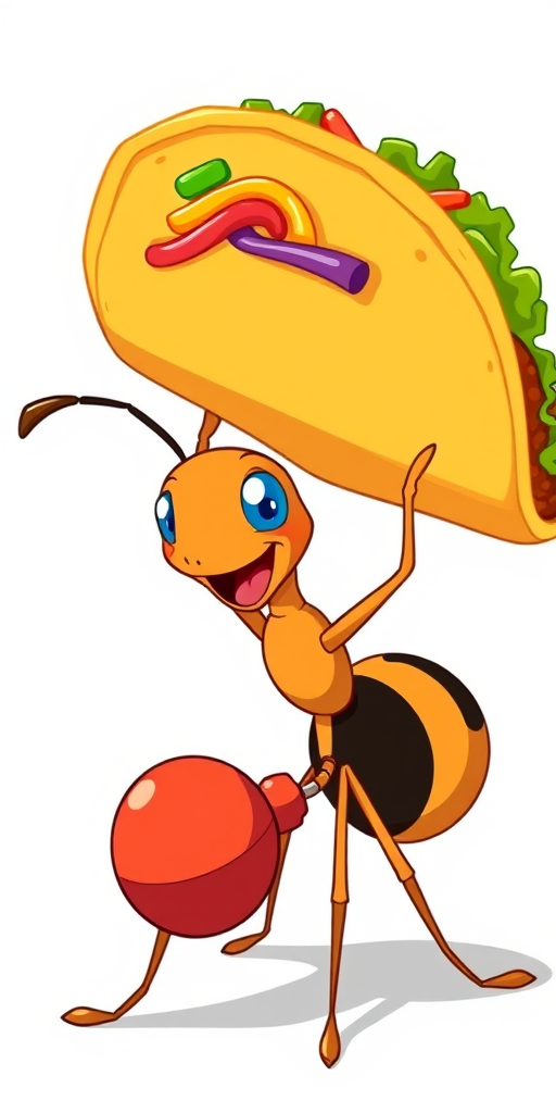 Create an image of a cartoon ant joyfully carrying a large taco, vibrant colors, vector style, with a white background, shot with a Canon EOS R5 at f/8, ISO 100, 50mm lens in natural light.