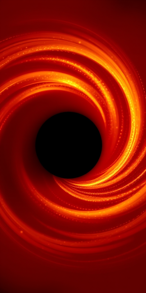 Create an abstract image featuring a central black circle surrounded by a swirling golden glow on a dark red background, captured with a DSLR camera at f/2.8 aperture, ISO 100, 1/60 shutter speed, using a macro lens for heightened detail and a soft focus effect.