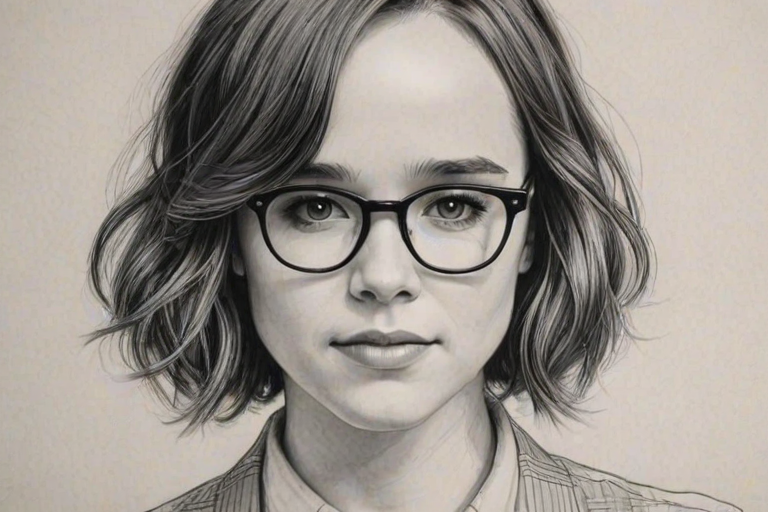 Beauteous Ellen Page, pencil sketch, portrait of Delightful woman 1926s in glasses, hair style beatnik, outline, clear lines, fine lines, 8k