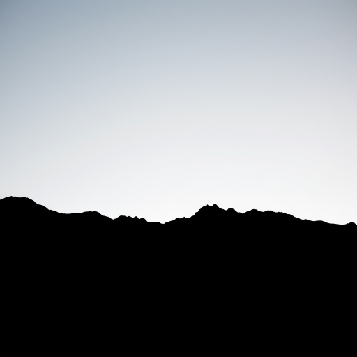 Generate a high-resolution image of a minimalist black silhouette of a mountain range with a subtle gradient background, taken with a Canon EOS R5, using a 50mm f/1.8 lens, aperture set to f/8, ISO 100, capturing at a slight angle from a low perspective for enhanced depth.