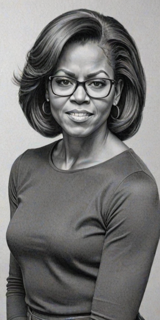 Superb Michelle Obama, pencil sketch, portrait of Charming woman 1974s in glasses, hair style beatnik, outline, clear lines, fine lines, 8k