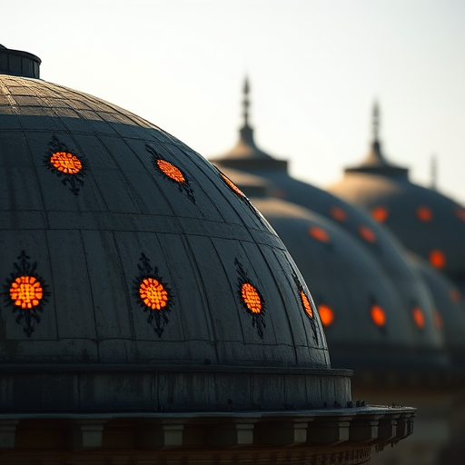 Capture a close-up shot of concrete domes with orange lights, using a DSLR camera at f/4, ISO 100, 1/250s, with a shallow depth of field and natural sunlight to enhance texture and contrast.