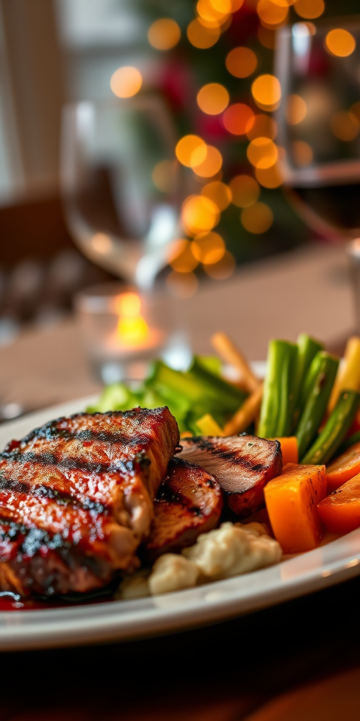 Create a high-resolution image of a beautifully plated gourmet dish featuring grilled meat, accompanied by vibrant side vegetables, with a softly blurred festive background, taken with a DSLR camera using a 50mm lens at f/1.8, ISO 200, shutter speed 1/100s, in natural light to enhance the warm ambiance and details of the food.