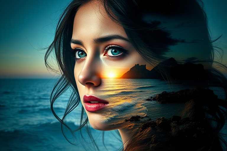design Book cover, A surreal double exposure portrait that blends a woman's face with a beautiful seascape. The overall mood is dreamy and mystical, with rich colors and intricate details