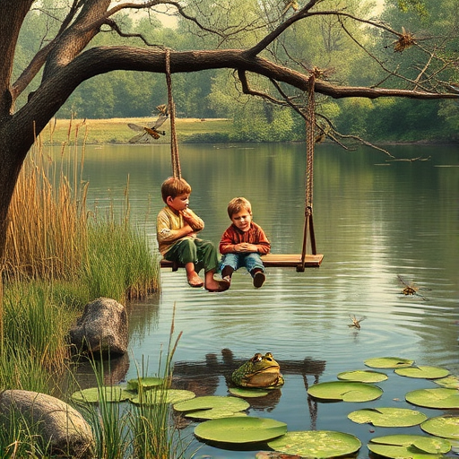 Imagine a small group of old fashioned young boys out fishing by the creek, a swing hanging from a tree branch, reeds and grasses by the water's edge, a frog sitting on a lily pad, dragonflies hovering over som water plans, a very iconic old fashioned scene reminiscent of a Norman Rockwell painting style