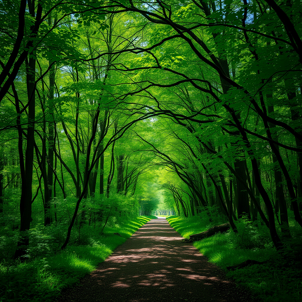 A tranquil forest path surrounded by lush greenery, captured with a Canon EOS R5, 50mm f/1.2 lens, aperture f/4, ISO 100, 1/125s, shot from a low angle to emphasize the trees arching overhead, using natural lighting to enhance the vibrant colors and details.