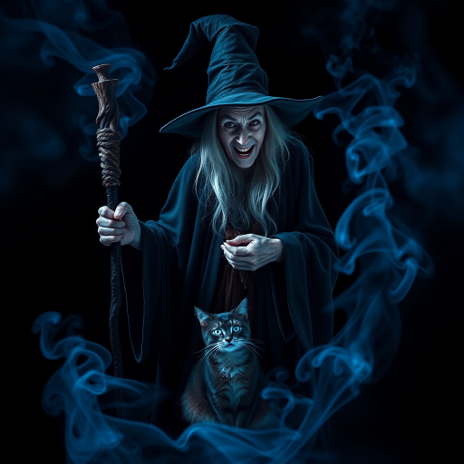 Close-up of a mysterious old crone female witch and her cat made of blue smoke are standing in the dark cackling evilly at the viewer. The smoke is a deep blue, and the background is black. The crone is wearing a long, flowing robe and has a pointed hat on her head. She is holding a staff in one hand and has a mischievous look on her face. The cat is sitting at her feet, looking up at her with glowing blue eyes. The smoke around them is swirling and shifting, as if it has a life of its own. The overall effect is eerie and magical.