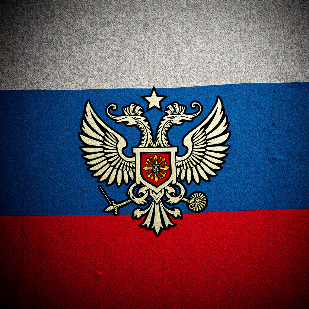 Create an image of the Russian coat of arms over a textured background featuring the Russian flag, shot with a DSLR camera at f/8 aperture, ISO 100, and 50mm lens, using a slightly angled top-down view to enhance detail and depth, with high dynamic range to capture vivid colors and intricate textures.