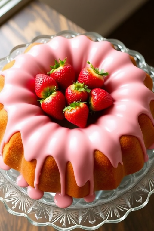 A round bundt cake with a smooth pink icing glaze drizzled over the top, adorned with fresh strawberries on the center, placed on a decorative glass platter. The cake has a golden-brown color and a glossy finish, with a textured surface that hints at a moist interior.