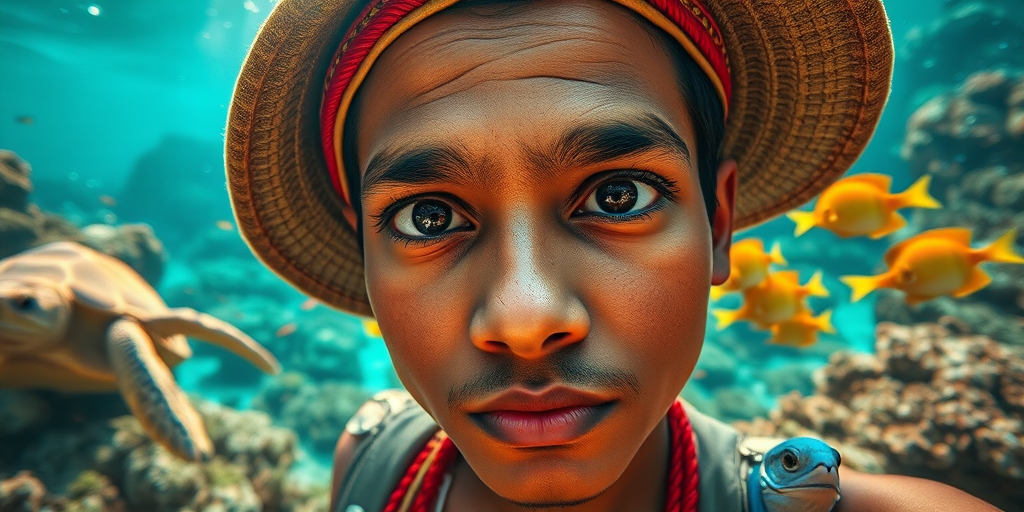 Realistic selfie image of a Sri Lankan, wearing a vintage outfit, detailed dreamy eyes, droopy hooded eyes, staring at the camera, taken underwater at coral reef with a sunbeam filtering through the water, vibrant, summer vacation, natural lighting, turtle and school of tropical fish with vibrant colors, rendered in the style of CryEngine, Pegi Nicol MacLeod, with realistic genre scenes, hauntingly beautiful narratives, ultra-realism, and Thomas Saliot's close-up technique, 8K resolution, crystal clear and sparkling water.
