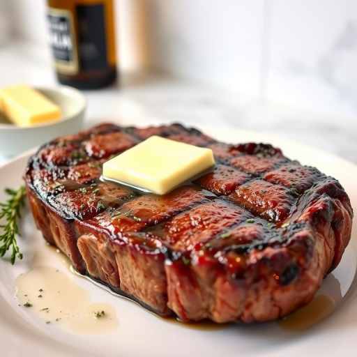 Create an image of a perfectly seared ribeye steak, resting on a white plate with a pat of melting butter on top. The steak is seasoned with fresh herbs like thyme and parsley, with glistening juices highlighting the texture of the meat. The background features a soft focus on a light, marble countertop, with a small dish of butter and an olive oil bottle in the distance. The overall mood should be warm and inviting, capturing the deliciousness and juiciness of the steak.