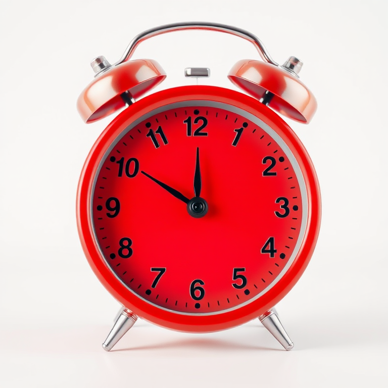 Regenerate a 3D rendering of a classic red alarm clock showing 12:00, with a clean white background, using a DSLR camera set at f/2.8 aperture, 50mm focal length, in macro photography style, with soft lighting to enhance details and texture.