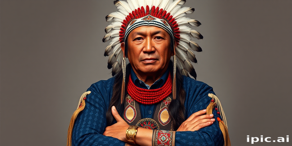 Create a dignified portrait of a Native American man dressed in traditional attire. He wears a beautifully crafted headdress adorned with white feathers and red beads, along with a beaded headband featuring intricate patterns. His clothing includes a deep blue, patterned shirt and a traditional chest piece with detailed beadwork. His arms are crossed, displaying leather armbands decorated with feathers. The background is simple and neutral, emphasizing his proud and stoic expression. The overall image captures the rich cultural heritage and strength of his persona.