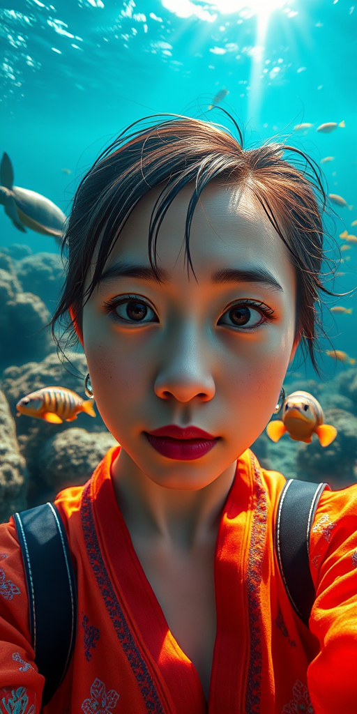 Realistic selfie image of a Chinese, wearing a vintage outfit, detailed dreamy eyes, droopy hooded eyes, staring at the camera, taken underwater at coral reef with a sunbeam filtering through the water, vibrant, summer vacation, natural lighting, turtle and school of tropical fish with vibrant colors, rendered in the style of CryEngine, Pegi Nicol MacLeod, with realistic genre scenes, hauntingly beautiful narratives, ultra-realism, and Thomas Saliot's close-up technique, 8K resolution, crystal clear and sparkling water.