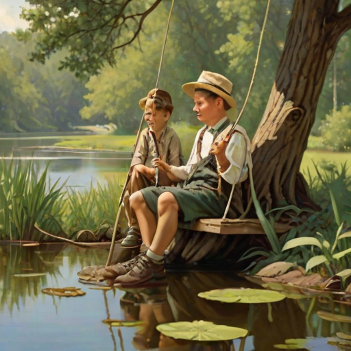 Imagine a small group of old fashioned young boys out fishing by the creek, a swing hanging from a tree branch, reeds and grasses by the water's edge, a frog sitting on a lily pad, dragonflies hovering over som water plans, a very iconic old fashioned scene reminiscent of a Norman Rockwell painting style