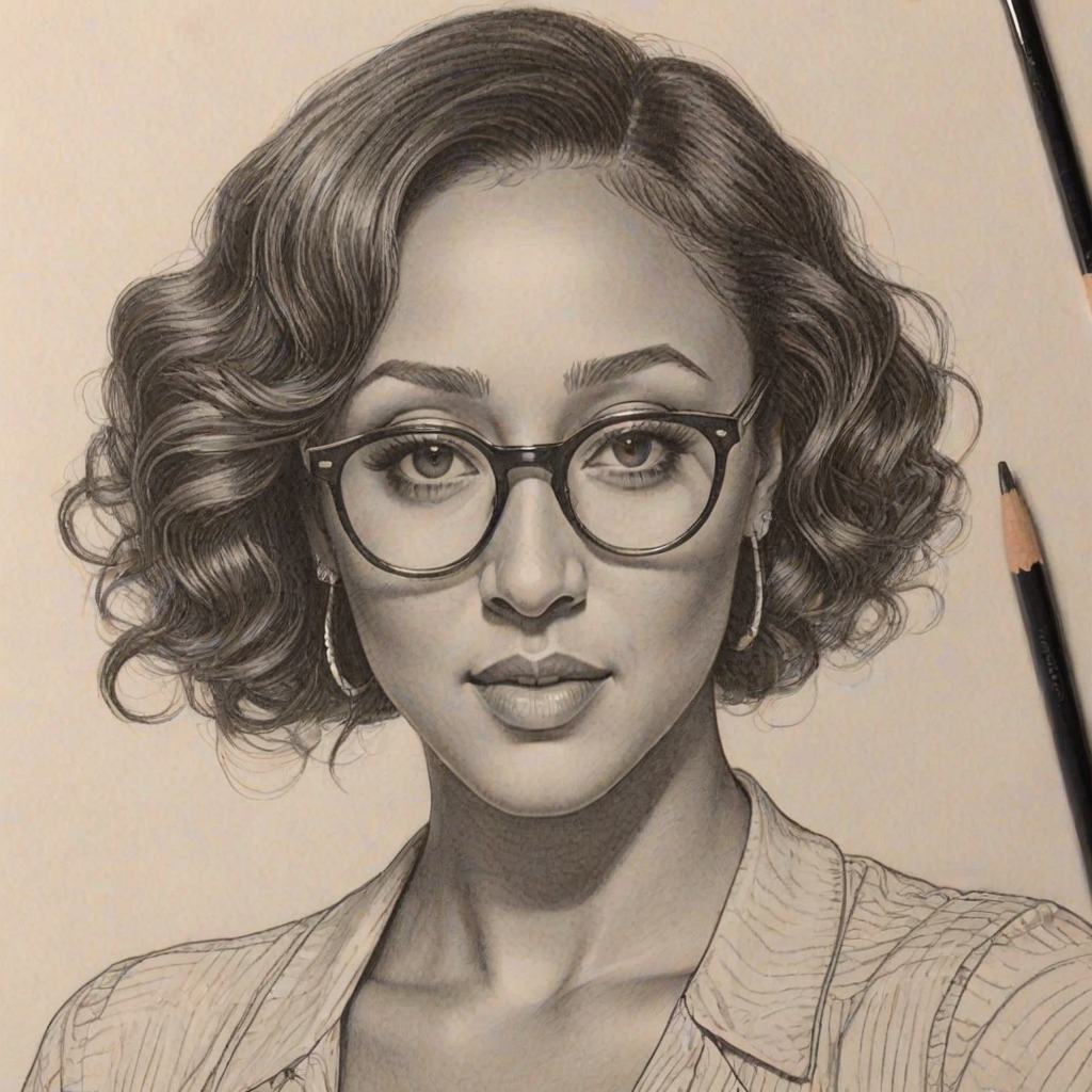 Dazzling Tamera Mowry-Housley, pencil sketch, portrait of Stunning woman 1928s in glasses, hair style beatnik, outline, clear lines, fine lines, 8k