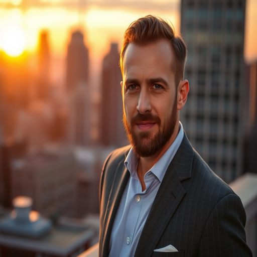portrait of a well-dressed man in a suit standing on a city rooftop at sunset with a blurred cityscape in the background, 85mm lens, f/1.8 aperture, ISO 100, soft focus on background, shallow depth of field, shot in natural light, DSLR camera