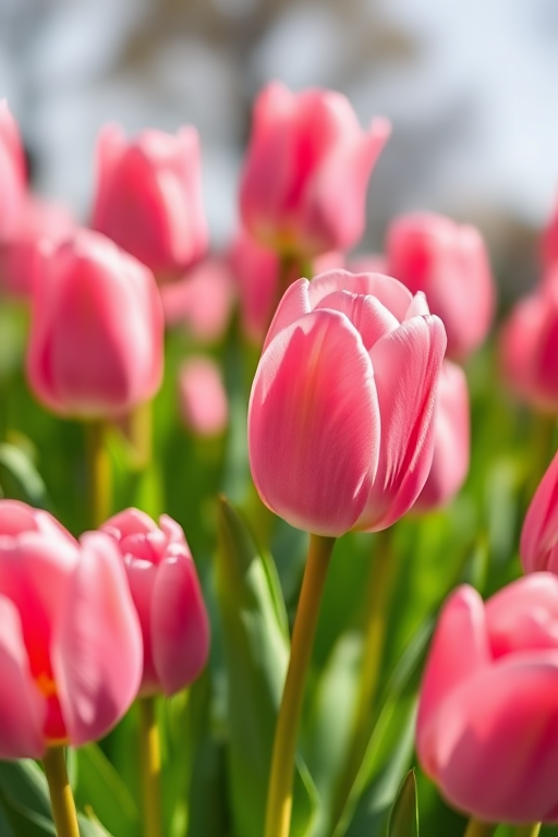 Create a vibrant close-up image of pink tulips in full bloom, using a DSLR camera with a 50mm lens, aperture set to f/2.8 for a shallow depth of field, ISO 100 for minimal noise, and a bright natural light setting to enhance colors and details.