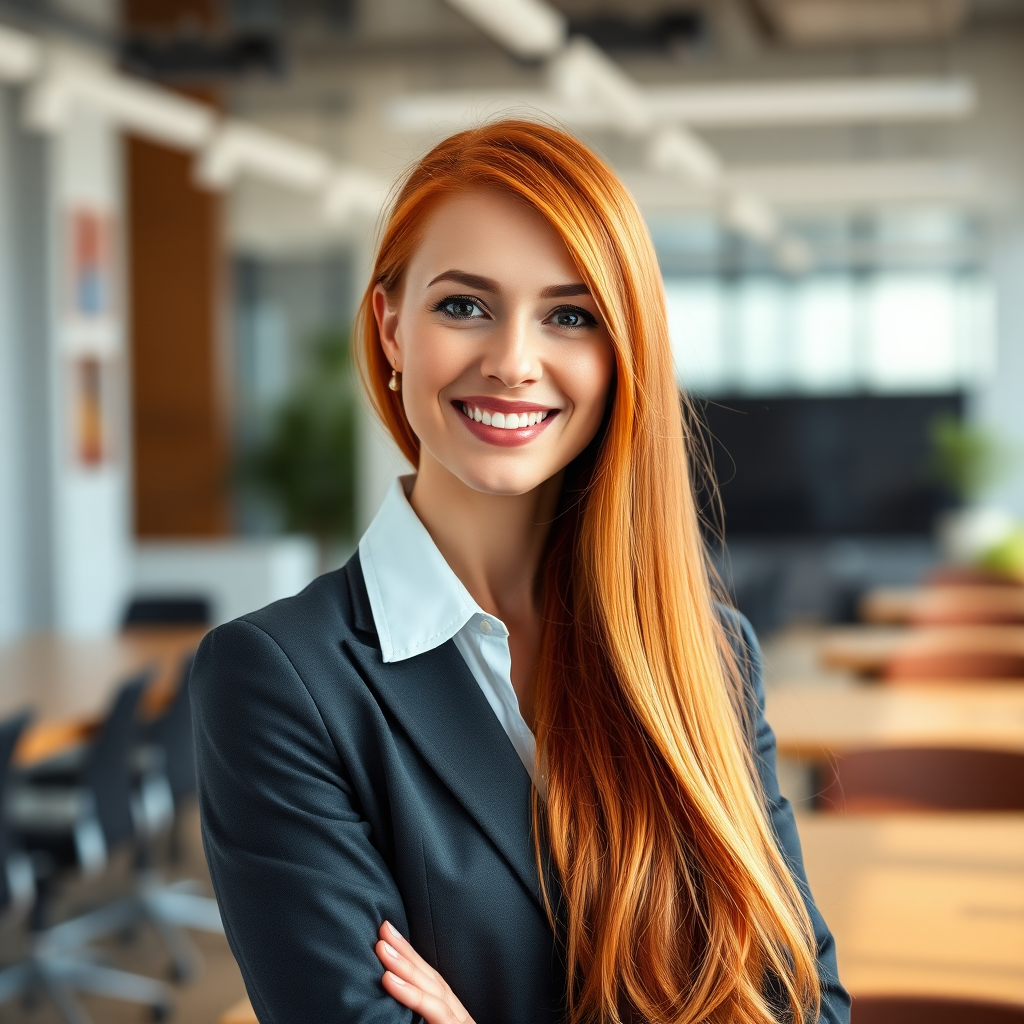 Generate a professional portrait of a businesswoman with long red hair and a confident smile in a modern office environment, using a Canon EOS R5 with a 50mm f/1.2 lens, aperture set to f/1.8, ISO 100, with a shallow depth of field to create a blurred background effect and soft natural lighting.
