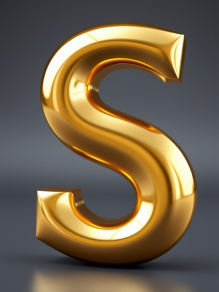 Create a highly detailed 3D rendering of a glossy gold letter S, with reflections showing a soft blurred background; camera settings: f/2.8, ISO 100, shutter speed 1/125s; camera view: centered close-up; camera style: realistic; camera type: DSLR.