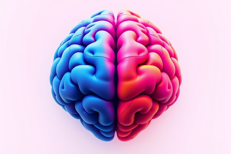 Create an illustration of a half brain and half heart design, vibrant colors blending from blue to pink and orange, using a digital art style with a high-resolution setting, shot with a Canon EOS R5 at f/8, 1/125s, ISO 100, and a 50mm lens for sharp focus and rich detail.