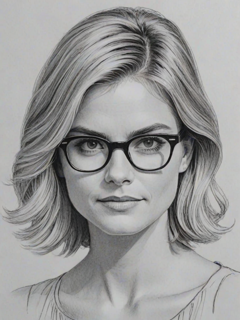 Radiant Eliza Coupe, pencil sketch, portrait of Delightful woman 1966s in glasses, hair style beatnik, outline, clear lines, fine lines, 8k