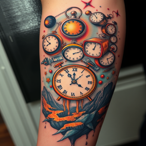 Surrealist tattoo named "Dreamscape Fusion" blending elements of nature and technology in a mind-bending composition with Salvador Dali-inspired melting clocks and floating objects in a otherworldly landscape