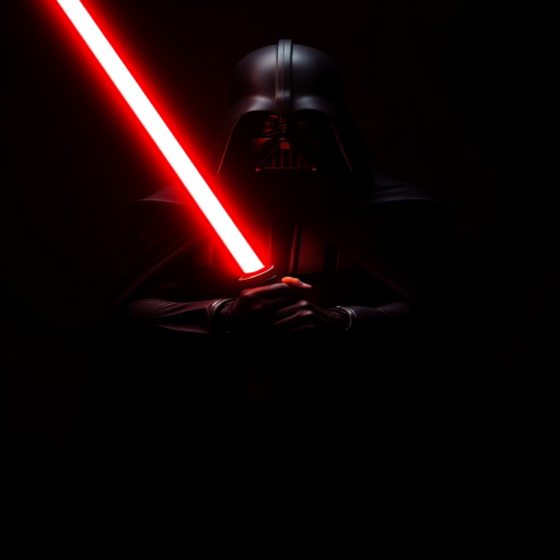 Generate an image of a dark, imposing figure in a black cape holding a glowing red lightsaber, captured with a DSLR camera at f/2.8 aperture, ISO 100, 50mm lens, in low-key lighting with a dramatic spotlight effect to enhance shadows and highlights.