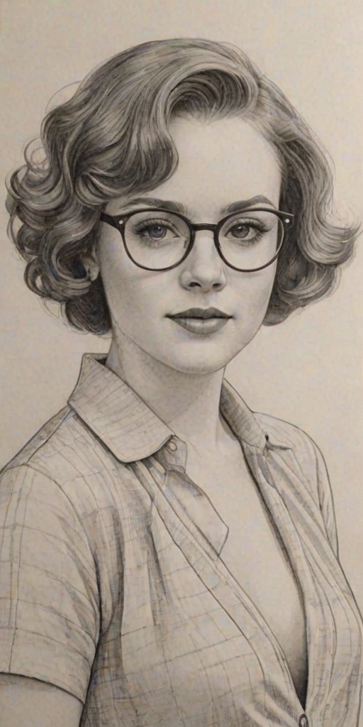 Gorgeous Shannon Purser, pencil sketch, portrait of Attractive woman 1932s in glasses, hair style beatnik, outline, clear lines, fine lines, 8k