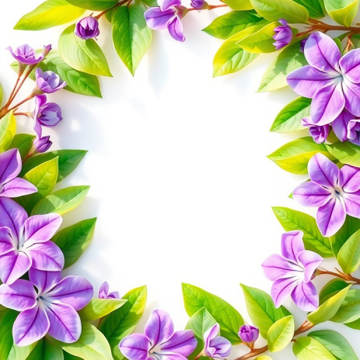 Create a vibrant watercolor floral border with soft green leaves and purple flowers surrounding a blank white space for text, captured in a high-resolution shot using a full-frame camera, with a macro lens at f/2.8 to enhance detail, in natural light for soft shadows and a slightly shallow depth of field.