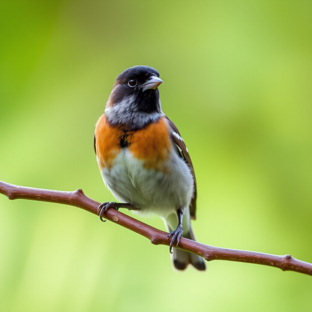 capture a close-up of a bird perched on a branch with a blurred green background, using a DSLR camera at f/2.8, ISO 200, shutter speed 1/1000s, natural light, focal length 200mm, in 4K resolution.