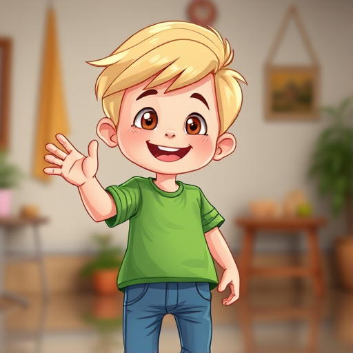Create a vibrant cartoon-style illustration of a young boy with blonde hair, a green shirt, and blue jeans, smiling and waving his hand, using a DSLR camera with a 50mm lens, f/1.8 aperture, ISO 100, and a shallow depth of field to enhance focus on the character against a soft blurred background.