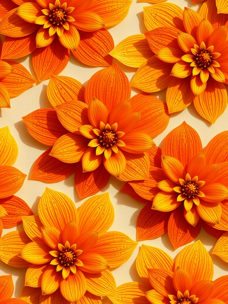 Create a seamless pattern of abstract orange and yellow floral shapes with intricate details, captured using a Canon EOS R5 with a 50mm f/1.2 lens, aperture set to f/8 for sharpness, ISO 100, and in natural lighting to enhance vibrancy and depth.