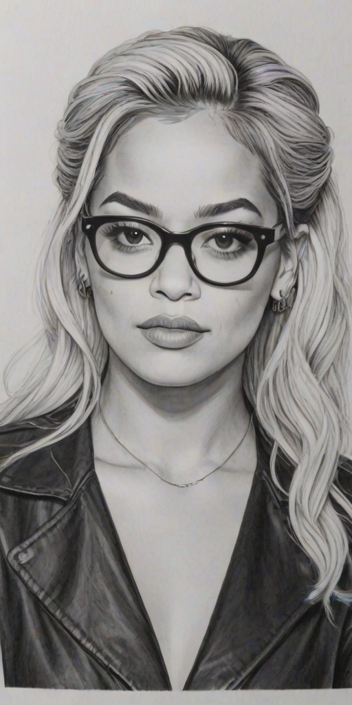 Delightful Rita Ora, pencil sketch, portrait of Pleasing woman 1972s in glasses, hair style beatnik, outline, clear lines, fine lines, 8k