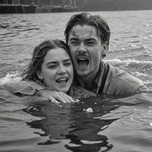 A hyperdetailed photorealistic black and white pencil sketch recreating the iconic scene at the end of Titanic with Jack and Rose floating in the water, only show them making exaggerated funny faces at the camera. Show Rose spitting water at the camera.