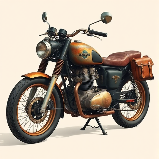 Create a highly detailed illustration of a vintage motorcycle featuring a rusty, steampunk design with leather saddlebags, positioned in a three-quarter view, using a DSLR camera with a 50mm lens, f/1.8 aperture, ISO 100, and soft natural lighting to enhance textures and colors.