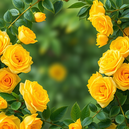 Create a vibrant floral frame featuring bright yellow roses and lush green leaves, with a soft focus background for depth, shot with a DSLR camera at f/2.8, ISO 100, 50mm lens, in natural light.