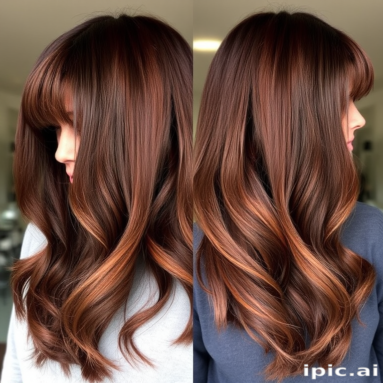 Rich chocolate brown hair with caramel highlights, styled in sleek curtain bangs and long layers, the Mocha Cascade style radiates warmth and depth