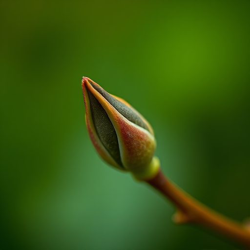 macro shot of a budding leaf with a blurred green background, aperture f/2.8, ISO 100, shutter speed 1/250 sec, taken with a DSLR camera, 85mm lens, soft lighting for enhanced texture and detail