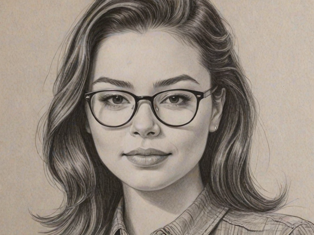 Beauteous Miranda Cosgrove, pencil sketch, portrait of Fetching woman 1946s in glasses, hair style beatnik, outline, clear lines, fine lines, 8k