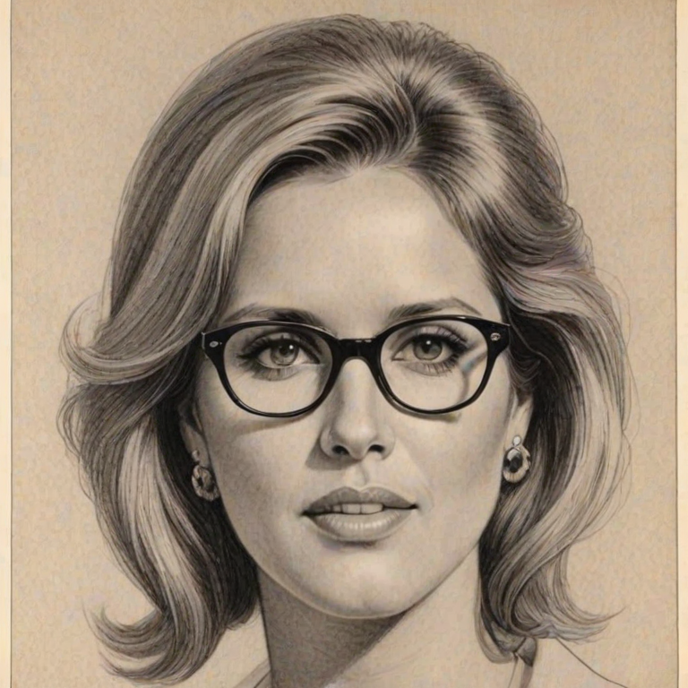 Magnificent Chevy Chase, pencil sketch, portrait of Exquisite woman 1967s in glasses, hair style beatnik, outline, clear lines, fine lines, 8k