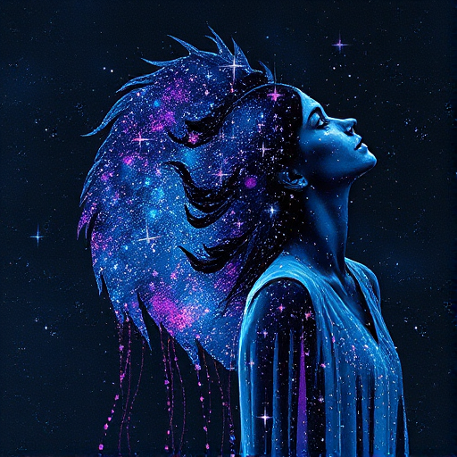 Captivating conceptual render alcohol ink art, double exposure, the paint strokes artfully merge combining a woman's full silhouette with a Joyous jellybean (fish)'s silhouette. The figures are composed of a series of colored dots, lines & spots that evoke the image of a cosmic galaxy, colors are deep shades of blue purple & black with flashes of white & silver representing distant stars. The woman's silhouette is formed within the lion's silhouette from constellations of scattered stars, surreal